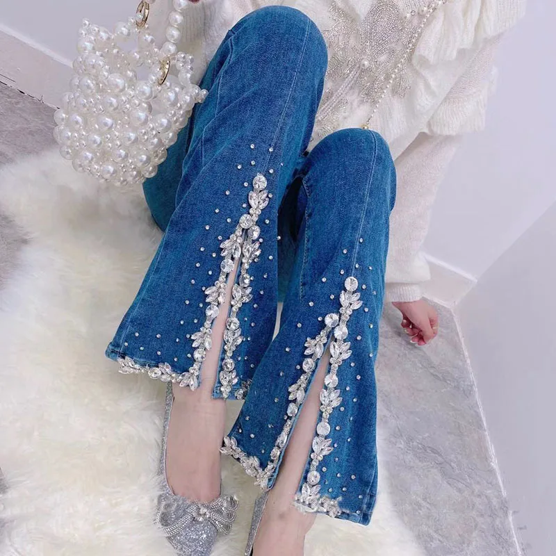 

2021 Autumn New Beaded Rhinestone Temperament Split Slim-Fit Micro Flared Pants High Waist Slimming Denim Trousers for Women