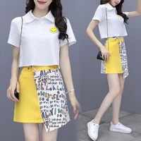 summer new women 2 piece set korean expression smile shirt collar short sleeve shirt high waist irregular skirt suits
