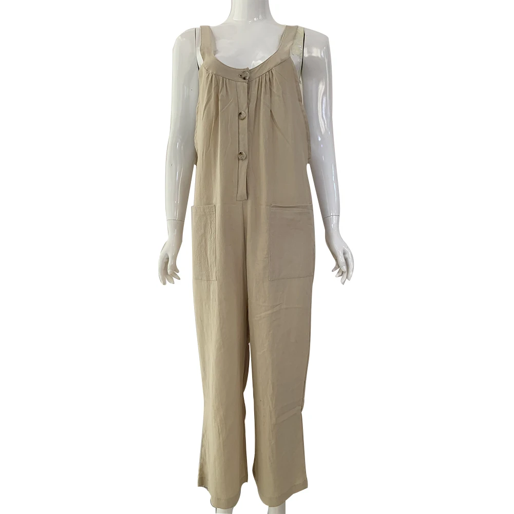 

Women Solid Color Buttons Pockets Cotton Linen Jumpsuit Bib Overall Dungarees Womens clothing jumpsuit women