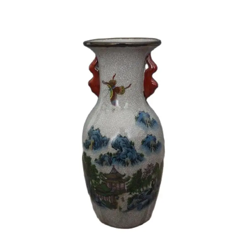 

Chinese Old Porcelain Crack Glazed Landscape Painting Binaural Vase