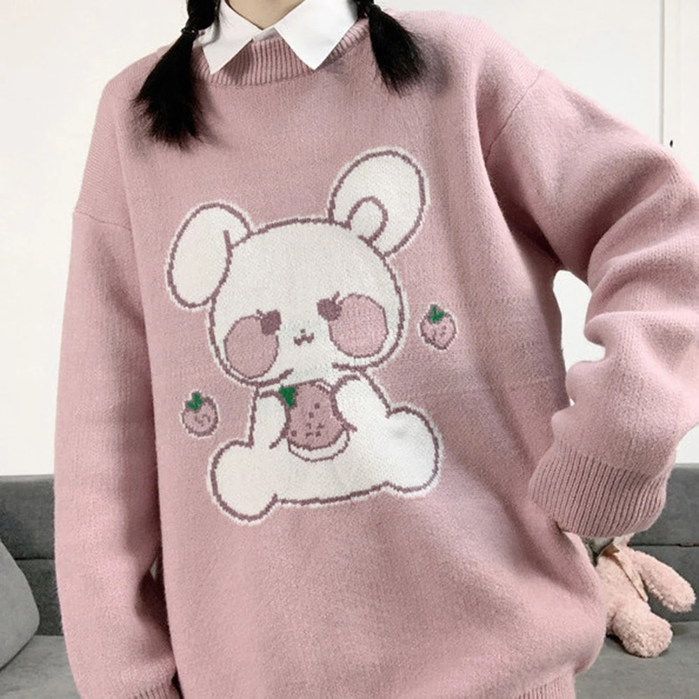 

Harajuku Kawaii Strawberry Rabbit Embroidered Knit Sweater Korean Sweet Oversized Pullover Schoolgirl Long Sleeve Female Tops