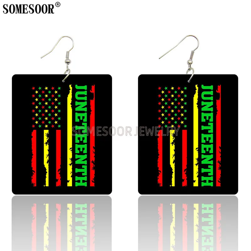 SOMESOOR 2021 Новый узор День независимости Juneteenth прямоугольные деревянные серьги с печатью на обеих сторонах для женщин.