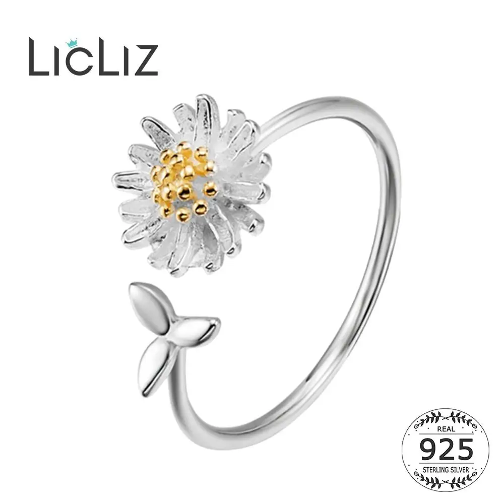 LicLiz Новое серебро 925 пробы модные Желтые ромашки Открытые Кольца для женщин милые