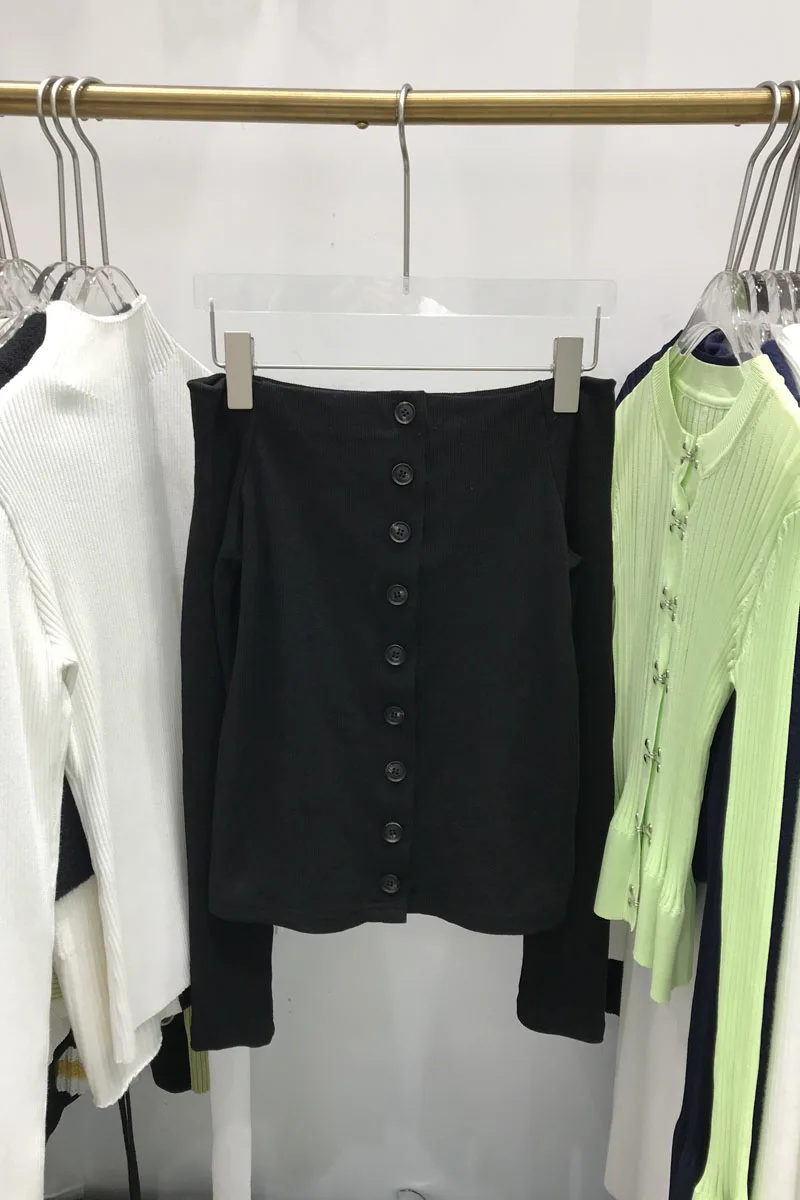 

2021 Spring New Fashionable Off-Shoulder Slim Fit Single-Breasted Sweater Cropped Cardigan Women's Knitted T-shirt Femme Tops