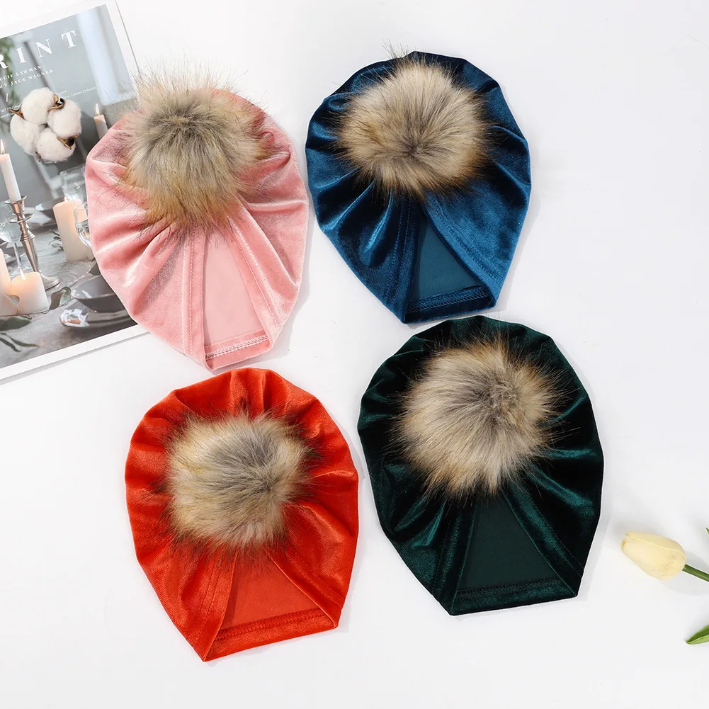 New Baby Girls Faux Fur Ball Caps Golden Velvet Infant Hats Newborn Kids Headwear Bonnet Child Birthday Gifts Photo Props images - 6