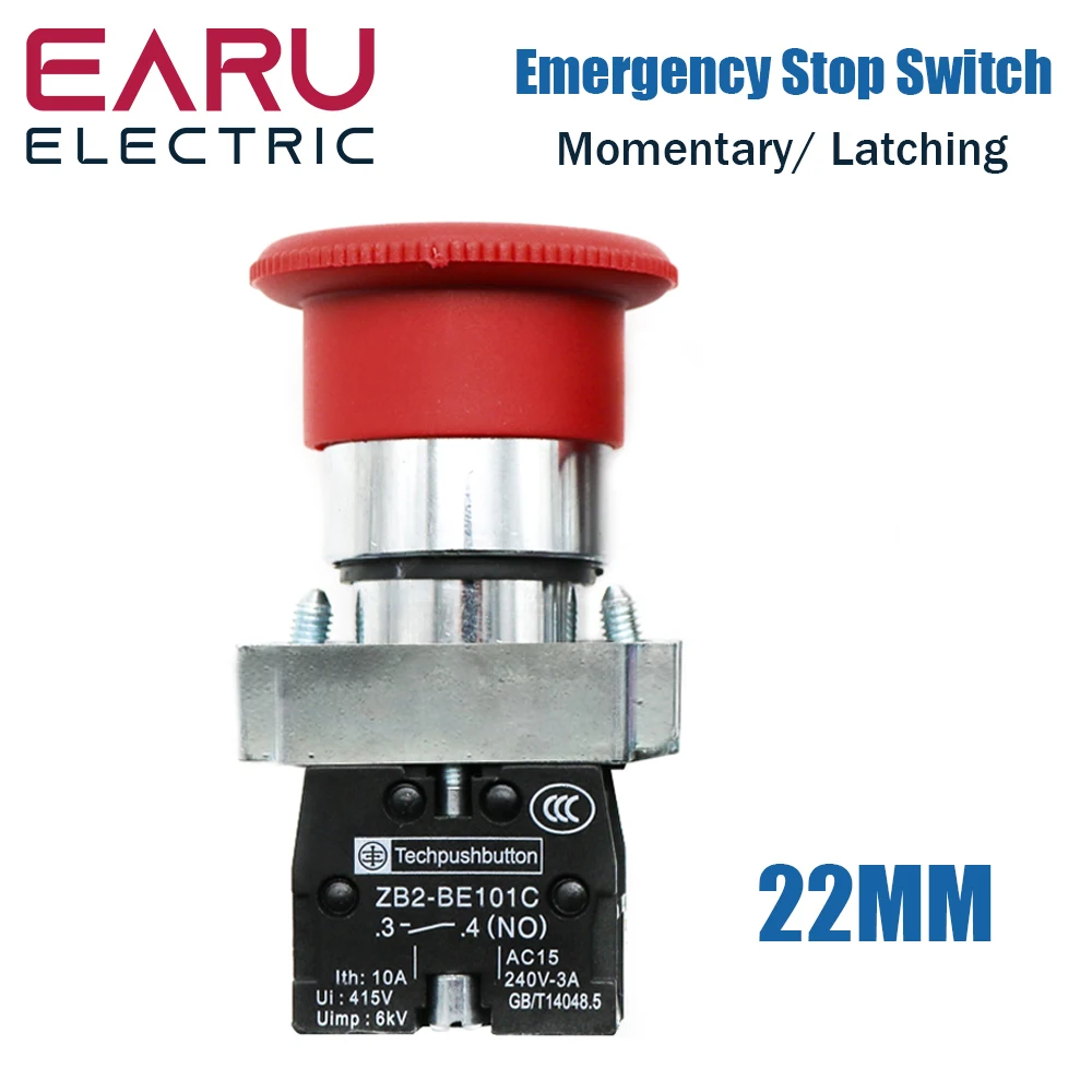 

1pcs EARU NC NO momentary latching 22mm Red Mushroom Emergency Stop Push Button Switch 600V 10A NP2-BE101 Equipment Lift Elevat