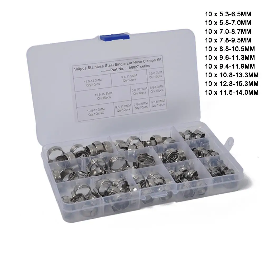 

100 x 5.3-15.3mm Single Ear Plus Stainless Steel Hydraulic Hose Clamps O-Clips Pipe Fuel Air