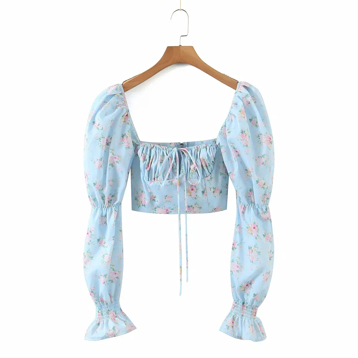 

Woman Fashion Cute T Shirt Square Collar Long Sleeve Floral Print 2021 Summer New Casual Top Female Chic T Shirt