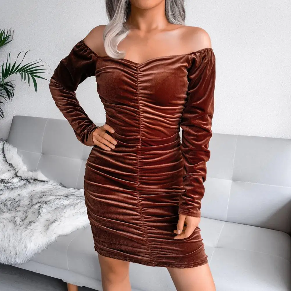 

Bodycon Dress Thick Party Dress Autumn Winter Solid Color Popular Pleated Skinny Women Bodycon Dress
