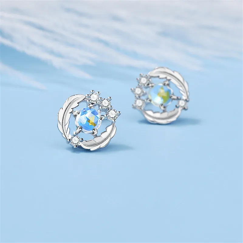 

925 Sterling Silver Moonstone Feather Piercing Stud Earrings For Women Girls Wedding Jewelry Pendientes eh329