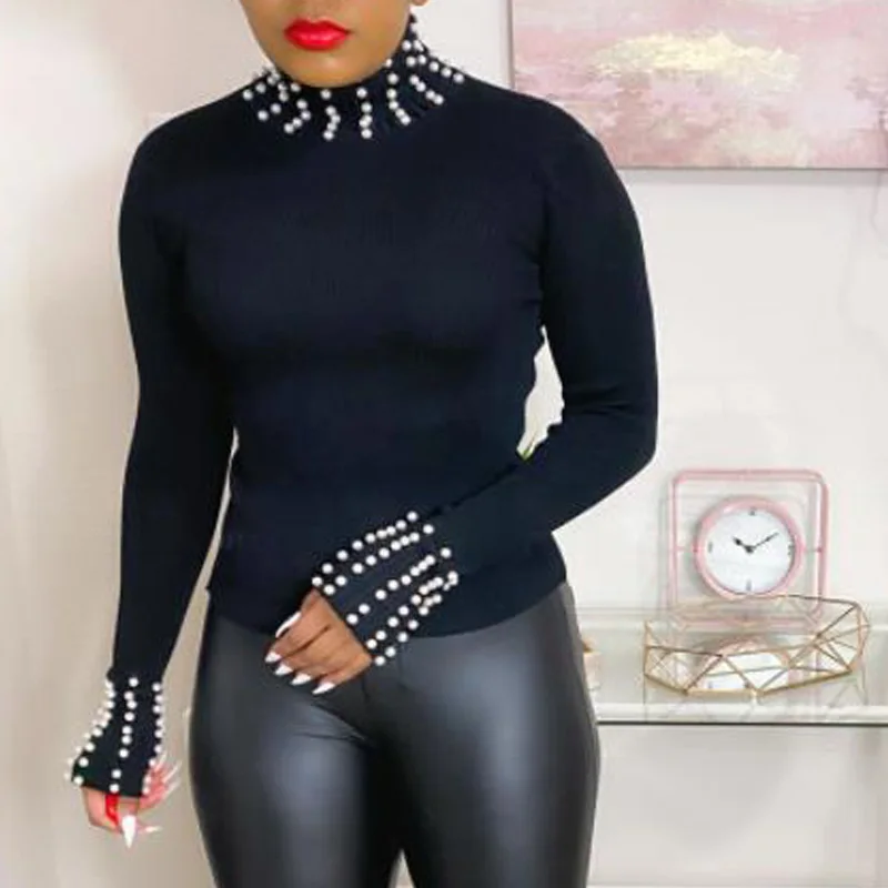 

Women Long Sleeve Turtleneck Shirts Casual Solid Beading Tops Chic Pullovers