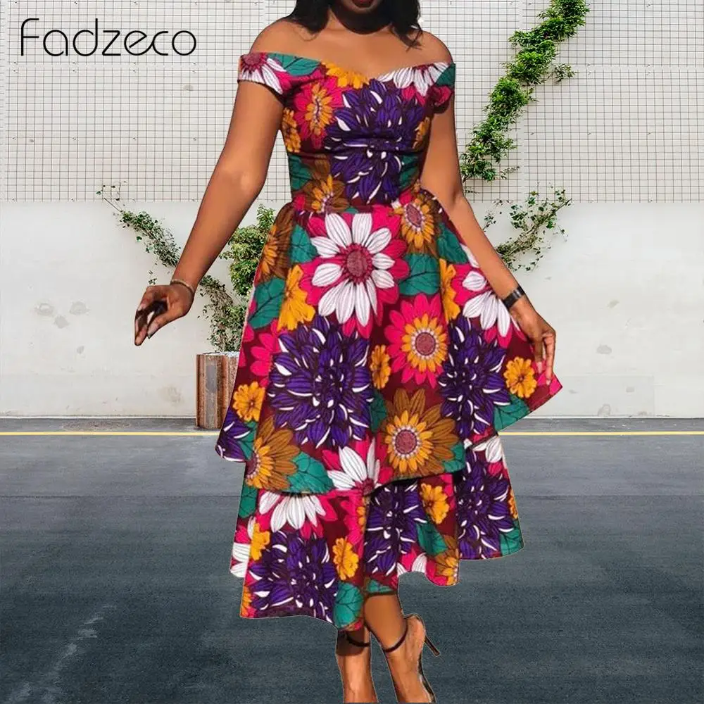 Fadzeco африканские платья для женщин Дашики с коротким рукавом открытыми плечами