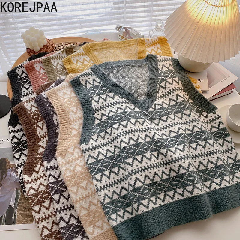

Korejpaa Hit Color Stiped Knitted Sweater Vest Women 2021 Autumn Korea Retro V-neck Sleeveless Waistcoat Knitwear Elegant