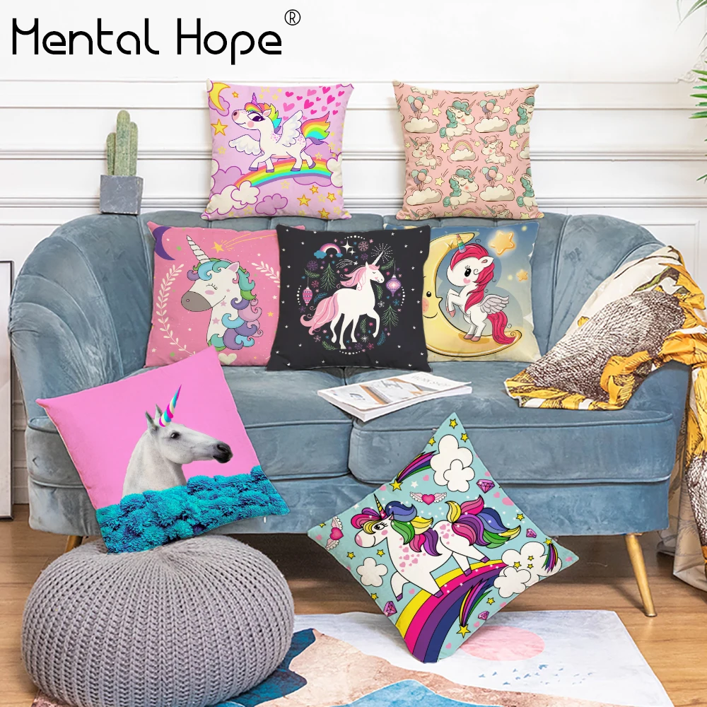 

Pink Horse Printed Cushion Cover Cartoon Pattern Throw Pillow Cover Home Decor Linen Cotton Square Pillowcase for Sofa Bed