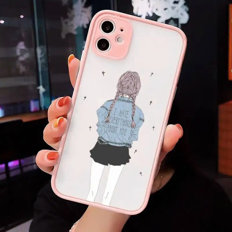 

Cute girl beauty back Beautiful Phone Case For iPhone 12 11 Mini Pro XR XS Max 7 8 Plus X Matte transparent Pink Back Cover