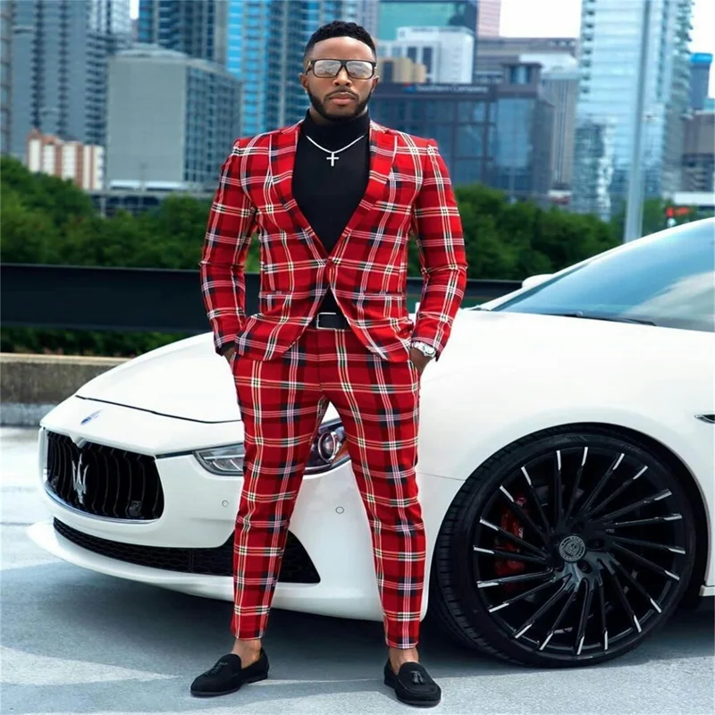 British Checkered 2 Piece Red Men Suits Modern Formal Customized Fit One Button Lapel Party Suits Wedding Tuxedo Coat+Pant
