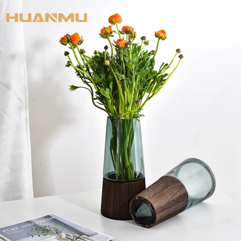 

2021 Creative Nordic Wooden+Glass Transparent Vase Home Luxury Designer Decoration Home Hotel Decor Table Ornaments DIY Flower