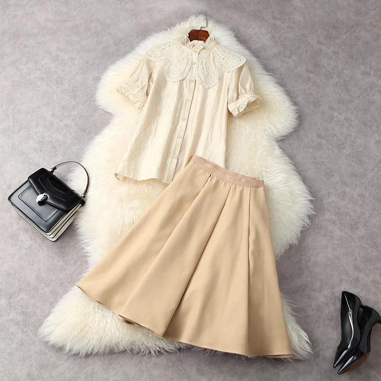 

European and American women's wear for spring 2021 Short sleeved hollow shirt Pleated skirt Fashion suits