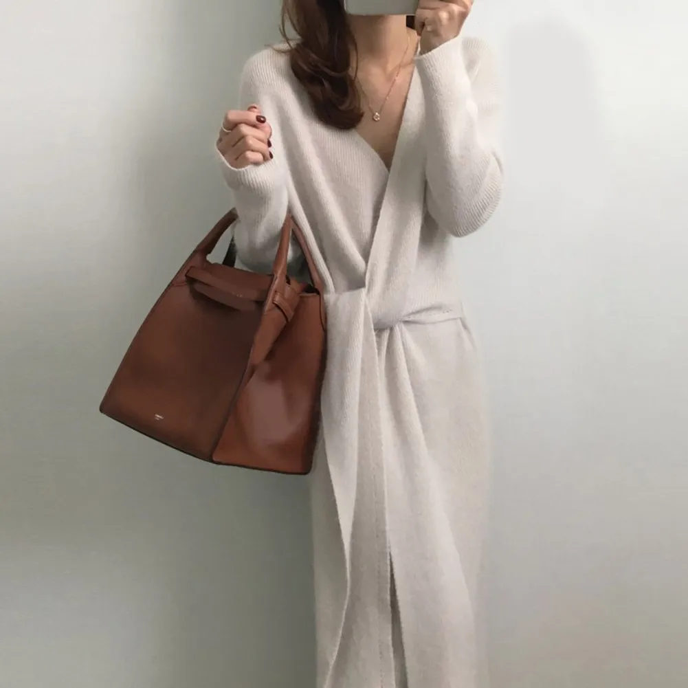 

Женское трикотажное платье с V-образным вырезом, длинным рукавом и перекрестными лямками