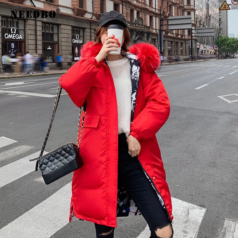 Женская зимняя куртка с меховым капюшоном длинная парка двустороннее Свободное