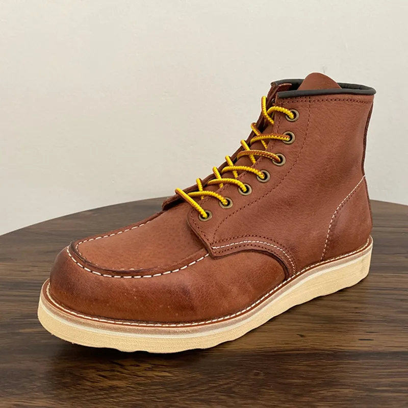 

Yomior New Handmade Vintage Men Boots Cow Leather Shoes Round Toe Ankle Boots Wings Goodyear Tooling British Motorcycle Boots