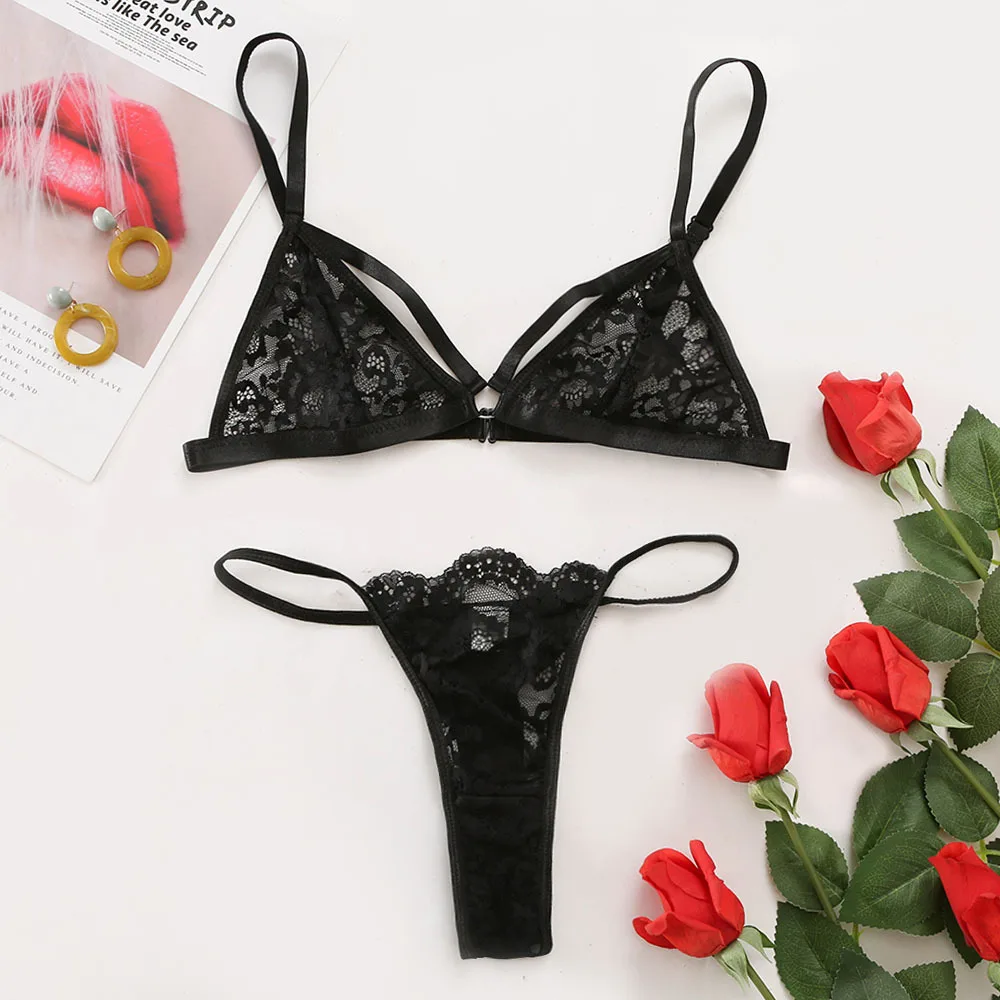 

Gather Push Up Bra Briefs Erotic Underwear Lace Translucent Sexy Lingerie Wmen's Cute Perspective Two Pieces Suit