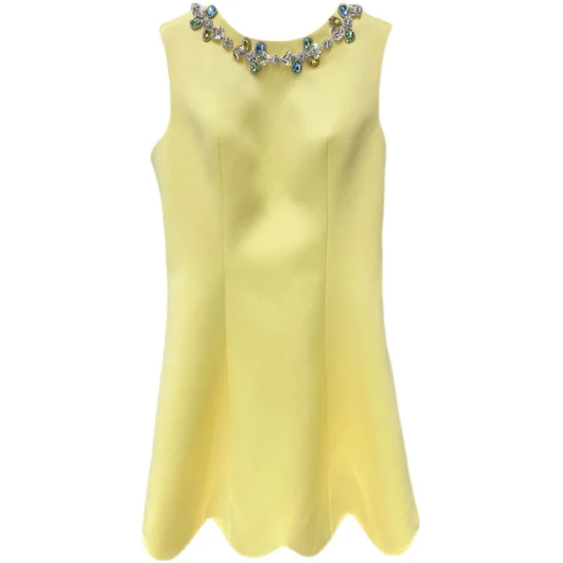 

Fashion Colorful Rhinestone Yellow Ruffled Dress for Women 2021 Summer Fairy Heavy Bow Satin Design Dress Slim Temperament Dress