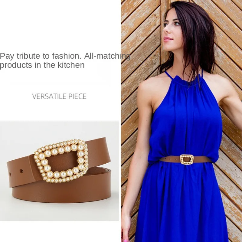 

Leather Belt Women's Luxury Personality Waist Skirt Trapezoidal Pearl Buckle Simple Design Style Fashion Trend Belts for Women