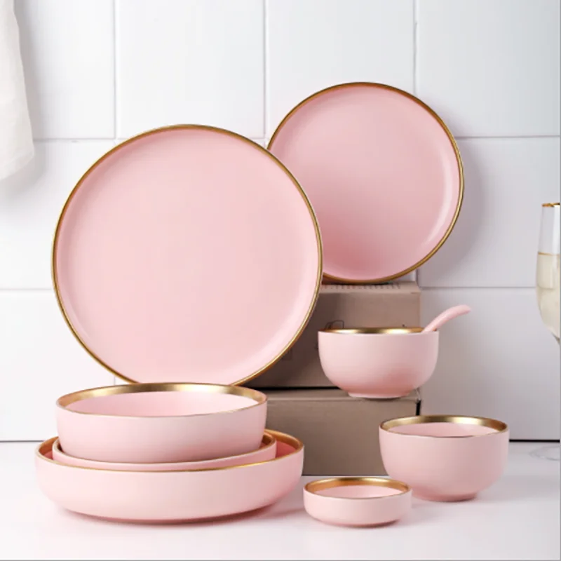 

Pink/Blue Ceramic Gold Inlay Plate Set Steak Food Plate Nordic Style Complete Tableware Bowl Dish Porcelain Dinnerware Set