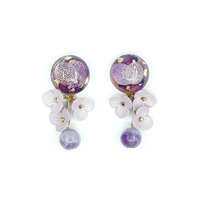 

Original Design Amethyst Eardrop Hydrangea Flower Petals Natural Stone Clip Sterling Silver Earrings