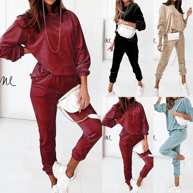

Sports Yoga suit Spring Elegant Velvet Two Piece Sets O Neck Women Pullover And Casual Pants Suits Ladies Winter Warm Tracksuits