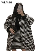 2021 spring new fashion black and white houndstooth slim and loose mid length woolen coat skirt polyester button pockets