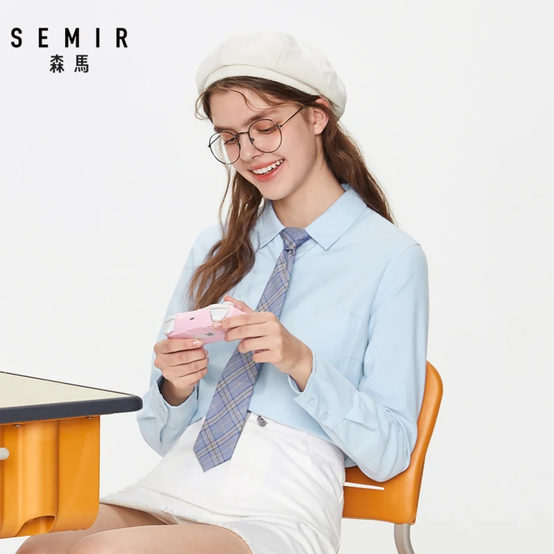 Блузка SEMIR Женская с длинным рукавом хлопковая рубашка отворотом и карманами топ
