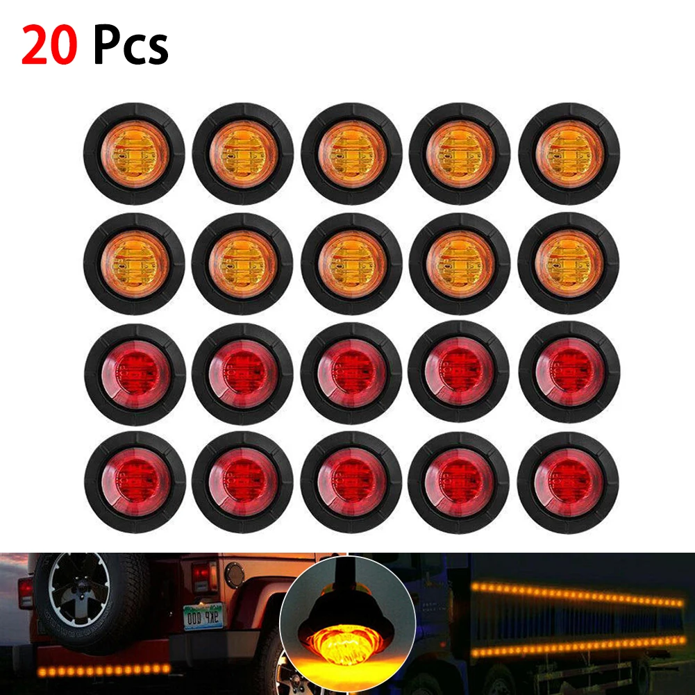 

20Pcs 0.75inch Car Truck Light 3LED Round Side Marker 10pcs Amber + 10pcs Red Grille Light Warning Lamp Waterproof Trailer Light