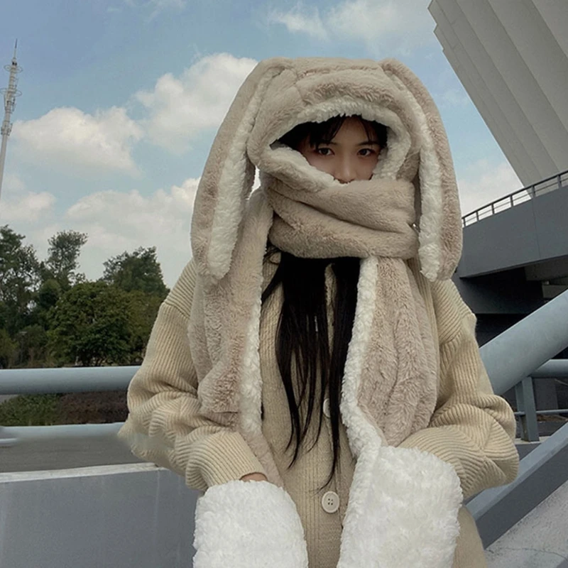 Милая длинная шапка-кролик шарф перчатки зимняя теплая плюшевая шапка толстовка