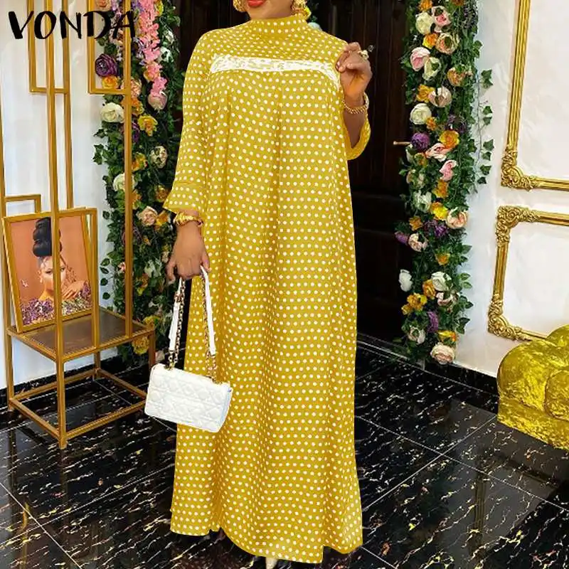 

Women Long Maxi Dress Casual O Neck Vintage Polka Dot Lace Pleated Sundress Party Vestidos VONDA Femme Holiday Robes Longue