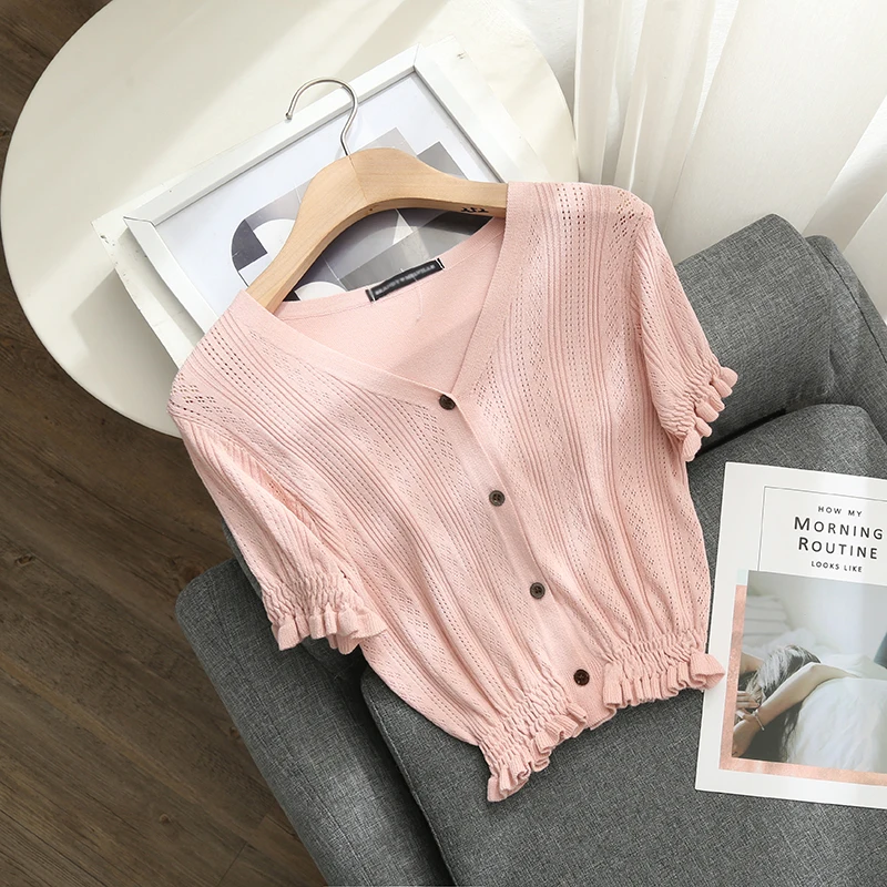 

Slim girls soft knitted blouses 2020 summer fashion ladies elegant bomb short blouse vintage female chic tops women sweet tops