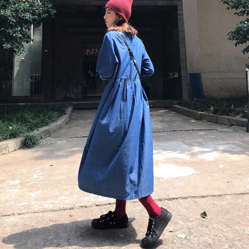 

New Spring Autumn 2021 Women Denim Dress Vintage Korean Loose Long Sleeves Dress One-Piece Fashion Ladies Casual Pullover Dress
