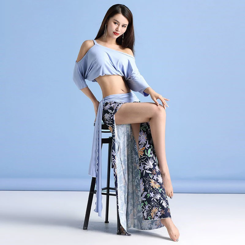 

2020 Belly Dance Training Costume Women Oriental Dance Wear Sexy Tribal Clothes Slit Skirt Flower Print Bellydance Show Outfit