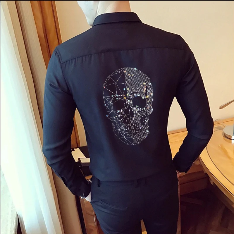 Spring 2021 Shirt For Men Formal Wear Stand Collar Long Sleeve Rhinestone Style Nightclub Casual Slim Homme Tops Plus Size 4XL