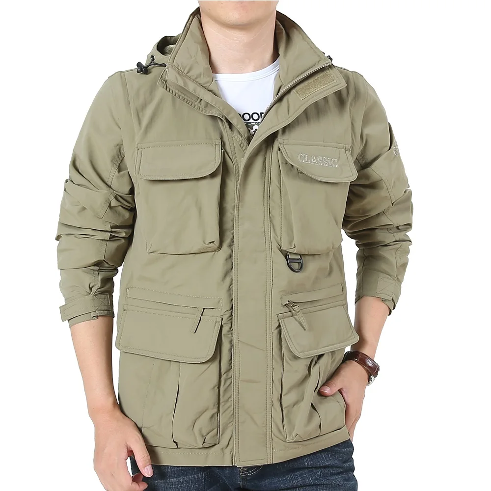 green khaki Для мужчин тактические куртки осень быстросохнущая 2-в-1 XXXL военные Стиль армейское пальто мужской несколькими карманами с капюшоном и защитой от ветра Водонепроницаемый - Цвет: green khaki
