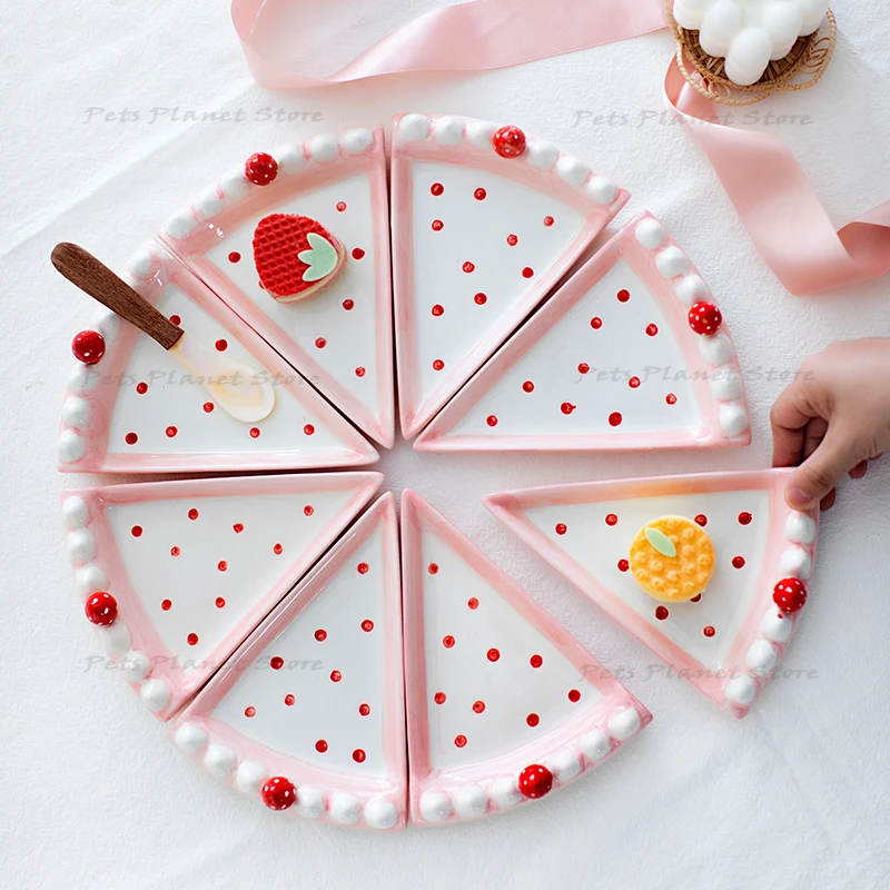 

8 шт./компл., керамическая тарелка для торта в виде розовой клубники, тарелка в виде сердца японской Девушки, милый розовый торт в горошек, жес...