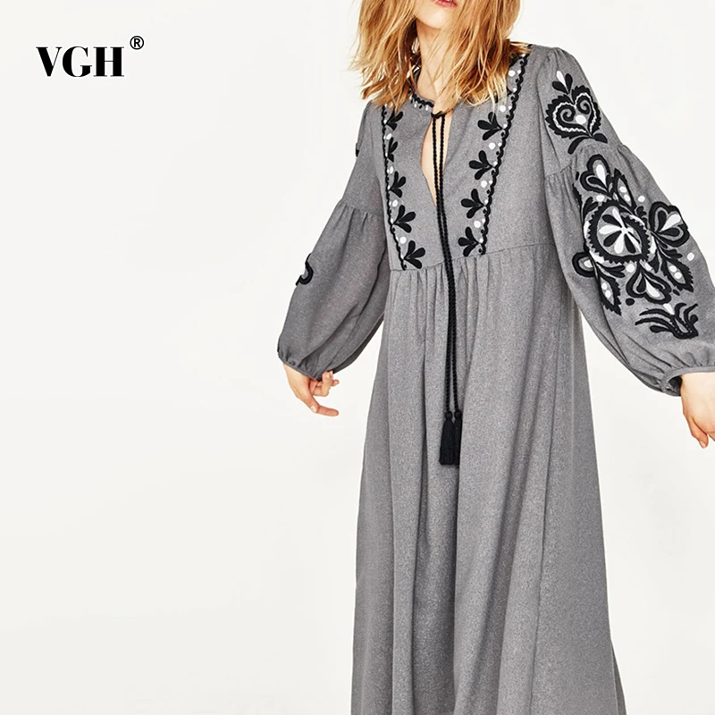 

VGH Embroidery Pleated Dress For Women O Neck Lantern Long Sleeve Patchwork High Waist Hit Color Casual Midi Dresses Female 2021