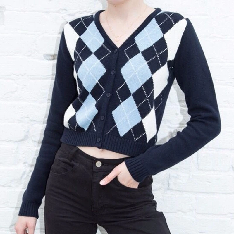 

Autumn Vintage Rhombic Plaid Single Breasted Button Cardigan Sweater Woman V-Neck Long Sleeve Knitwear Jumper