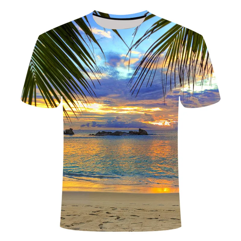 

Men's Latest Fashion Oversized T-shirt 3D Dusk Beach Wind Floral Print Summer Round Neck Short Sleeve Casual Top