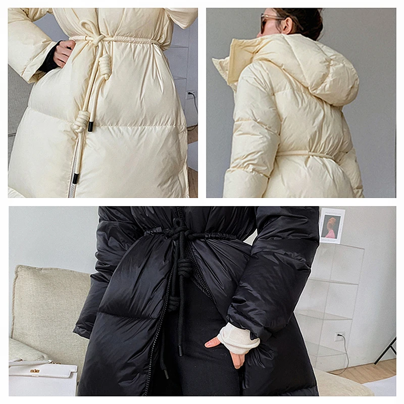 LUXUV Design New Winter Womens Chic Long Warm Down Jacket Stand-up Collar With a Hood Cold  Windproof Parkas Preppy Bold Fashion