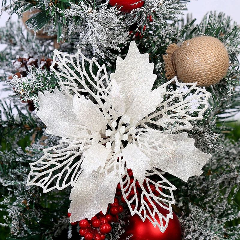 

5pcs Glitter Artifical Christmas Flowers Christmas Tree Decorations Fake Flowers