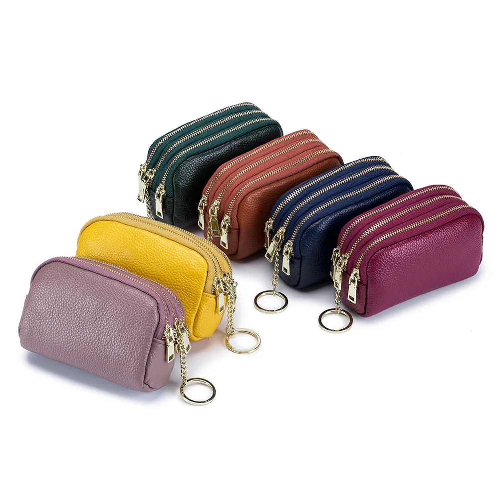 

New Women Coin Purse Hand Cosmetic Lipstick Earphone Bag Cowhide Leather Cash Wallet 3 Zipper Layers Matel KeyChain