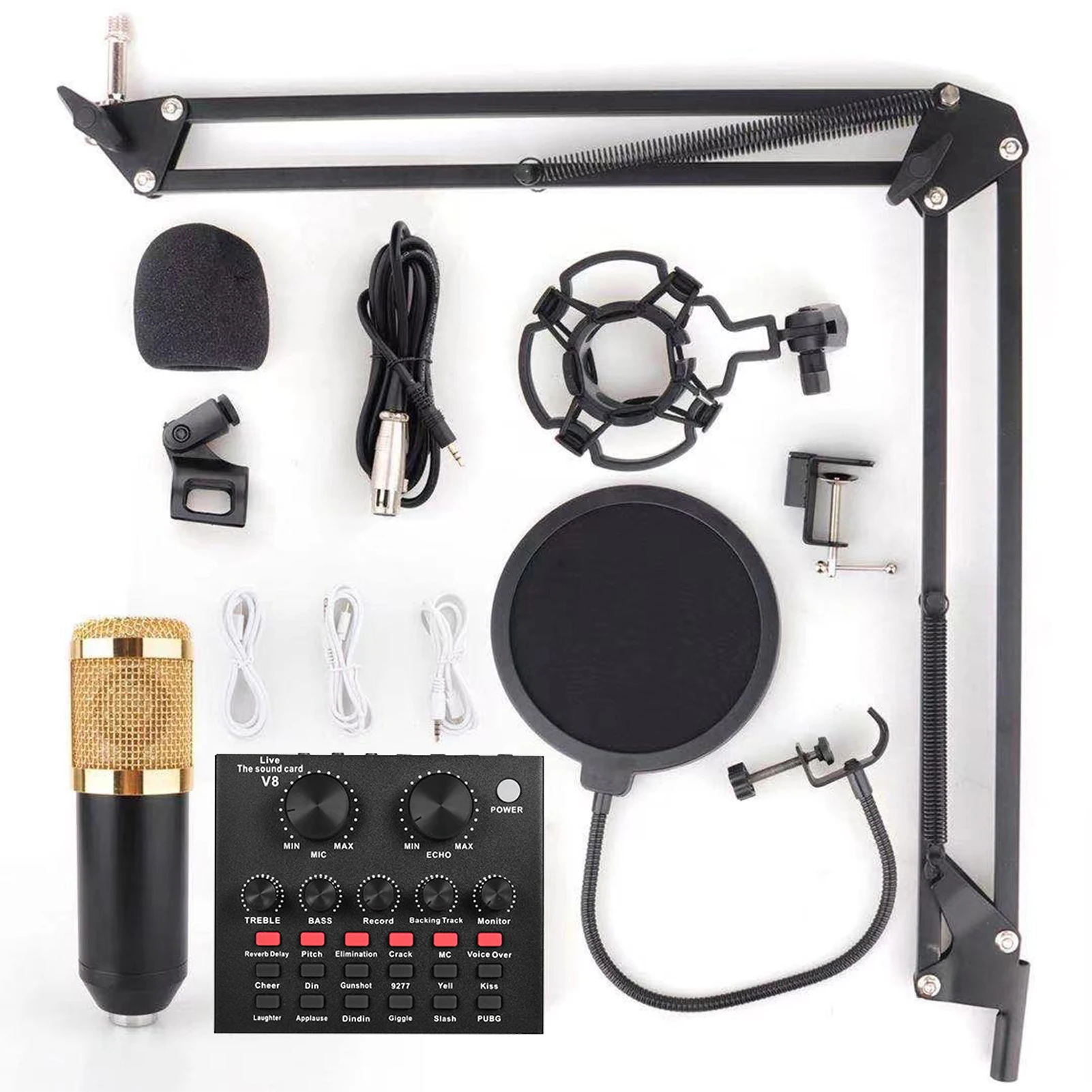 

Professional Condenser Microphone with V8 Sound Card Arm Stand Studio Mic for Podcast Live Broadcast Music Recording Equipment