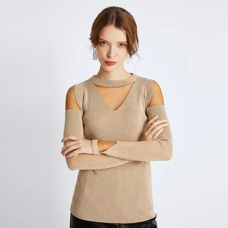 Off Shoulder Women Sweaters Mesh Patchwork Female Pullovers All Match Ladies Knitting Tops Slim Stretch Sweater Mujers 2019 New | Женская